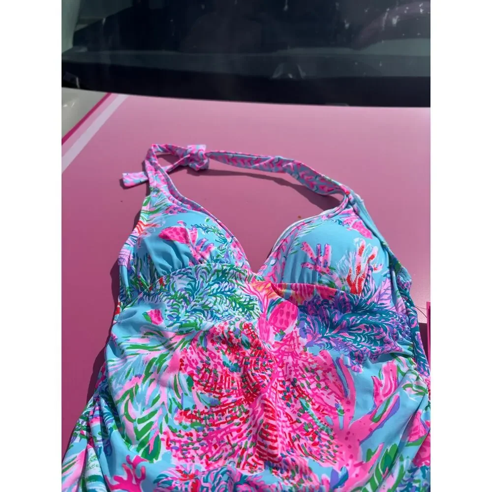 NEW Lilly Pulitzer Bliss Halter Tankini Top Celestial Blue Cay to Heart Sz 0 NWT